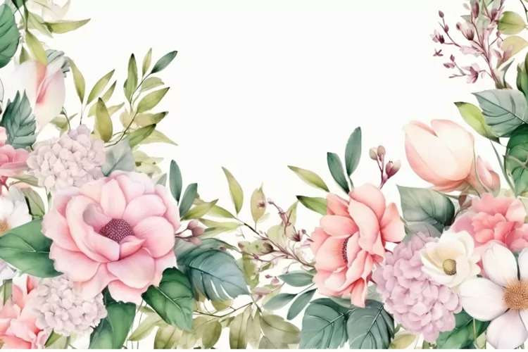 Watercolor Floral Background with Green Leaves on White BG