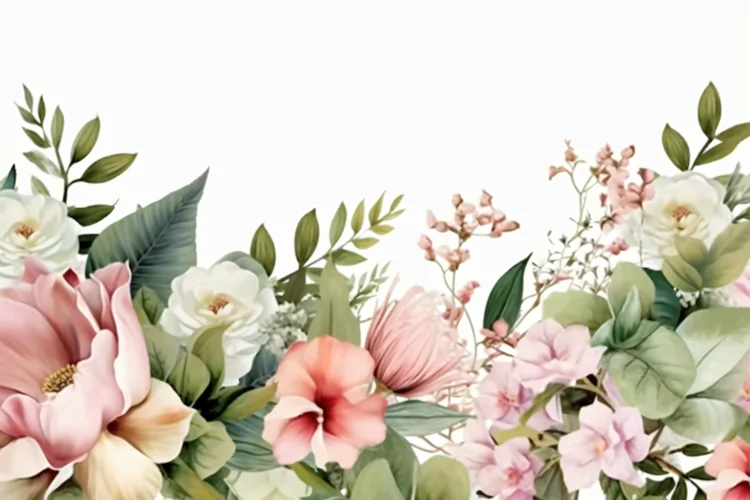 Watercolor Floral Background with Green Leaves on White BG