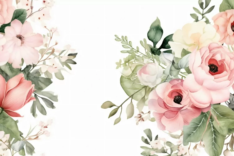 Watercolor Floral Background with Green Leaves on White BG