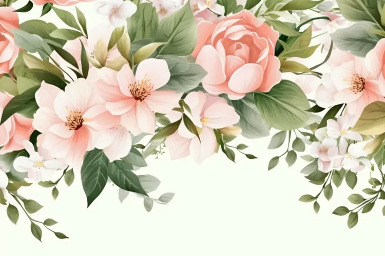 Watercolor Floral Background with Green Leaves on White BG
