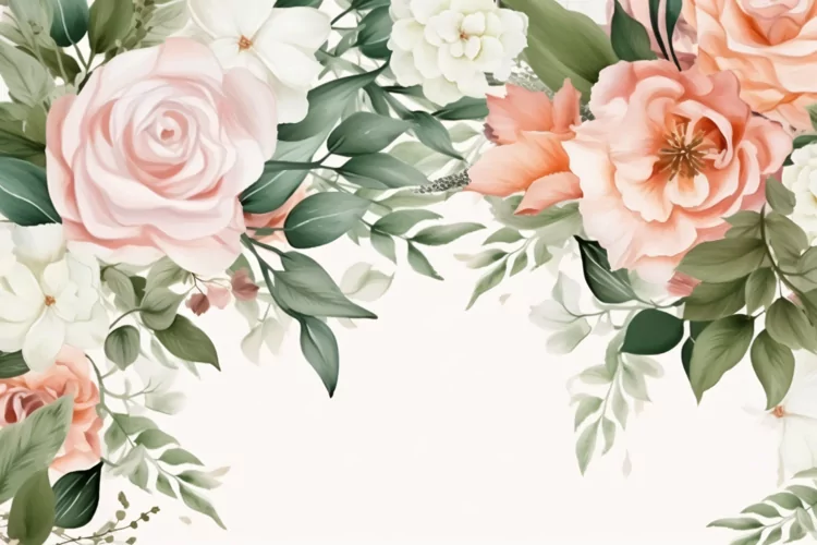 Watercolor Floral Background with Green Leaves on White BG
