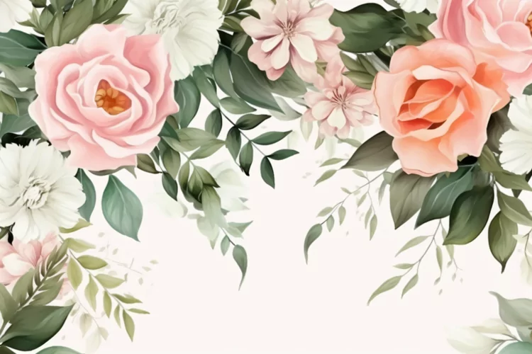 Watercolor Floral Background with Green Leaves on White BG