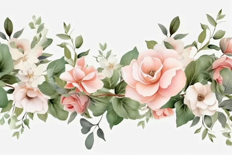 Watercolor Floral Background with Green Leaves on White BG
