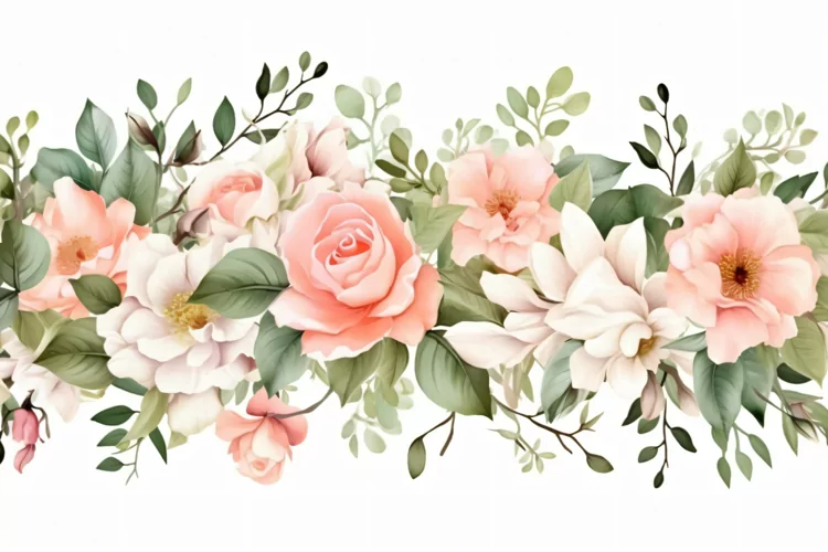 Watercolor Floral Background with Green Leaves on White BG