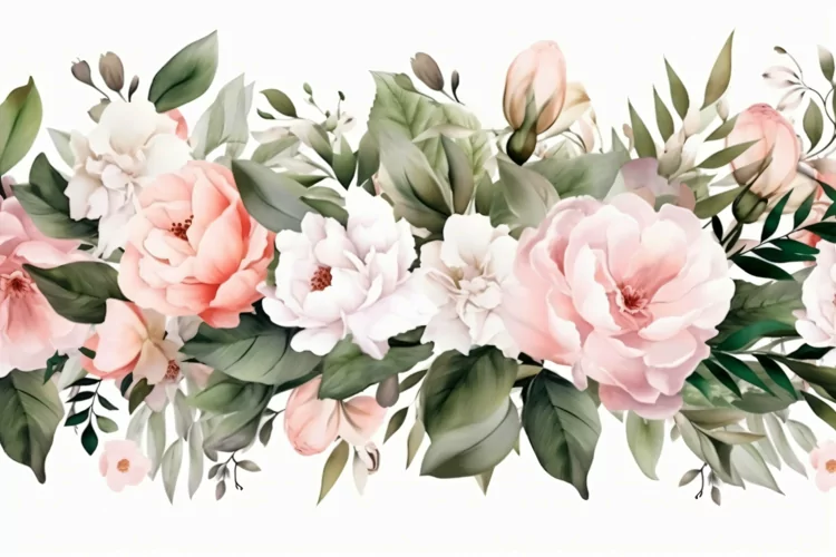 Watercolor Floral Background with Green Leaves on White BG