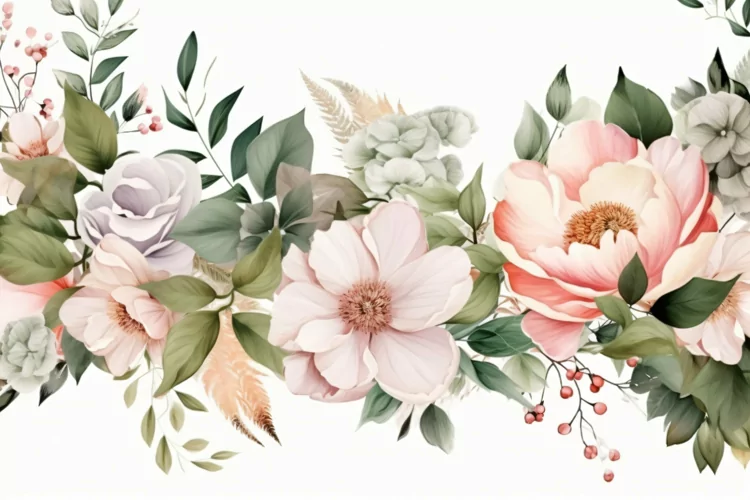 Watercolor Floral Background with Green Leaves on White BG
