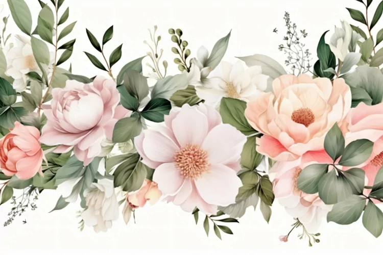 Watercolor Floral Background with Green Leaves on White BG