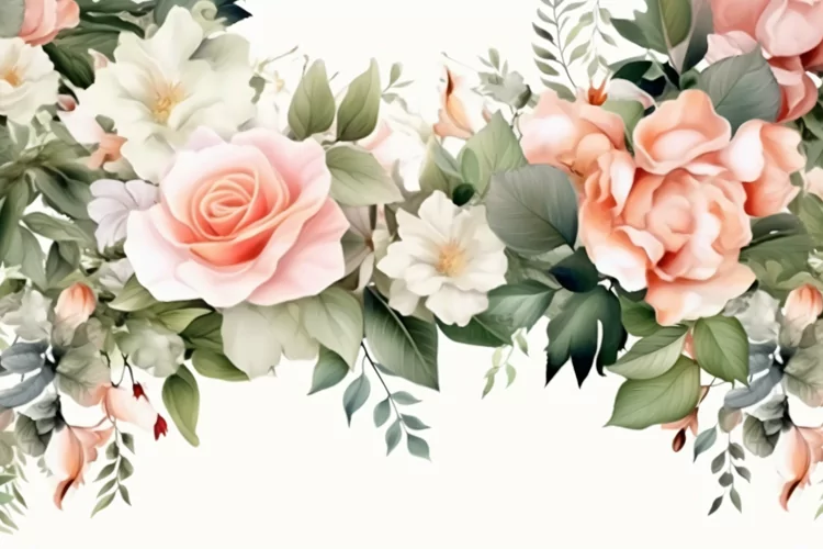 Watercolor Floral Background with Green Leaves on White BG
