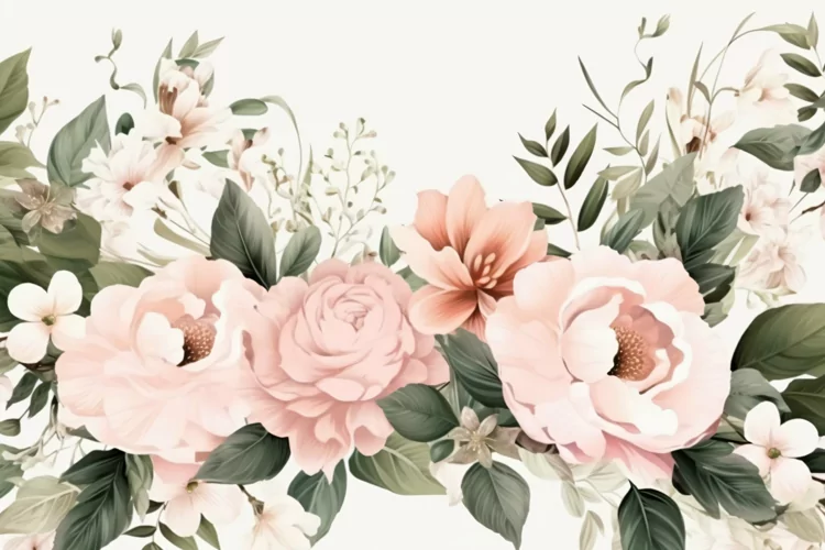 Watercolor Floral Background with Green Leaves on White BG