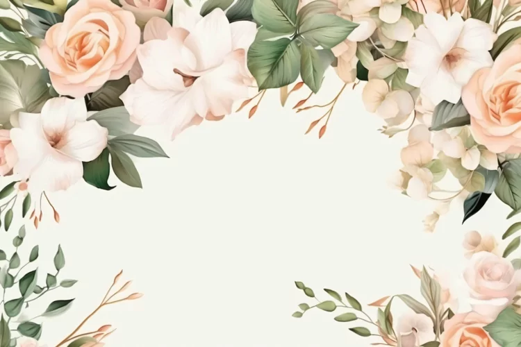 Watercolor Floral Background with Green Leaves on White BG