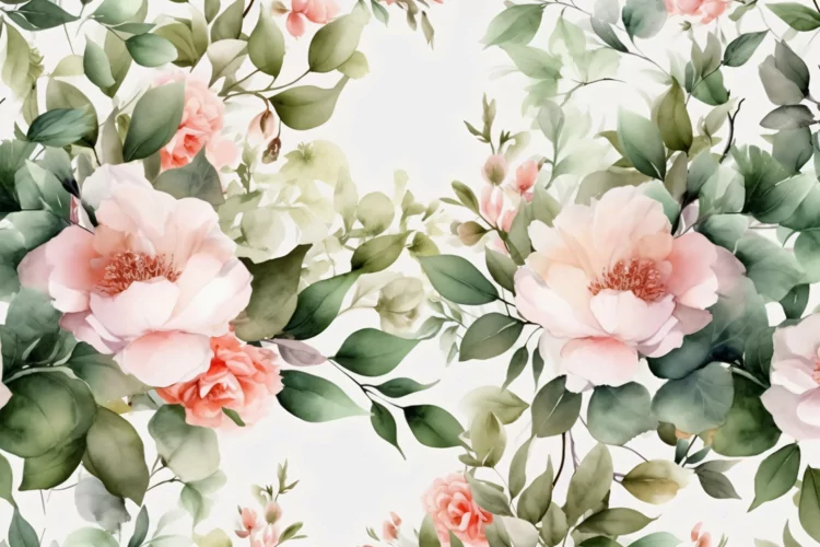 Watercolor Floral Background with Green Leaves on White BG