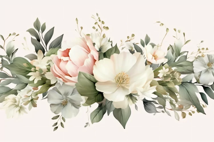 Watercolor Floral Background with Green Leaves on White BG