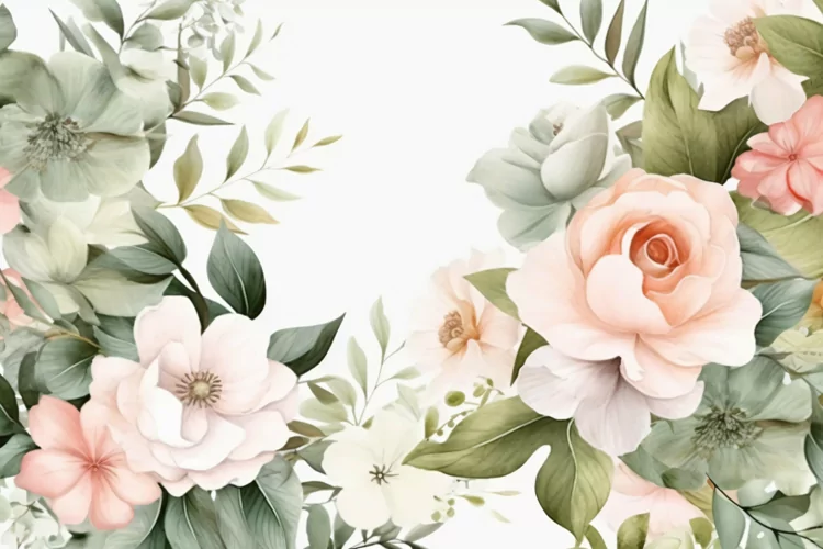 Watercolor Floral Background with Green Leaves on White BG