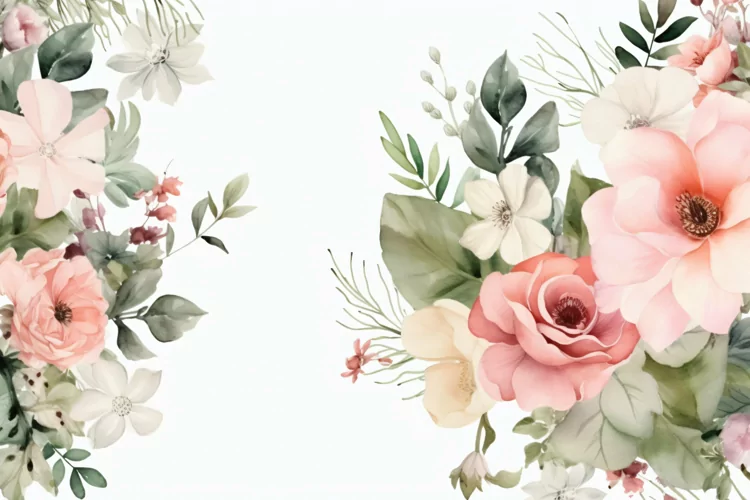 Watercolor Floral Background with Green Leaves on White BG
