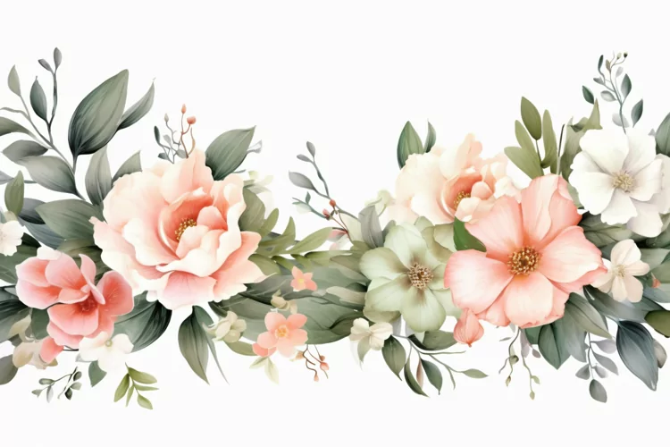 Watercolor Floral Background with Green Leaves on White BG