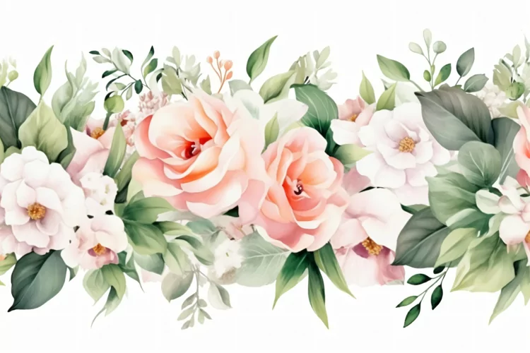 Watercolor Floral Background with Green Leaves on White BG
