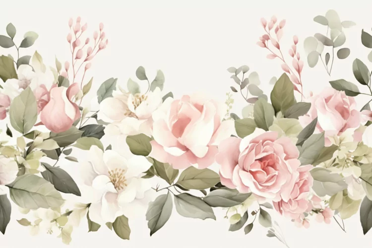 Watercolor Floral Background with Green Leaves on White BG