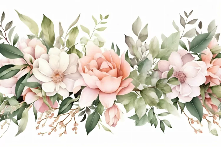 Watercolor Floral Background with Green Leaves on White BG