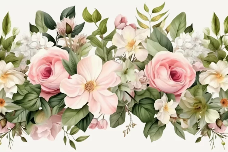 Watercolor Floral Background with Green Leaves on White BG