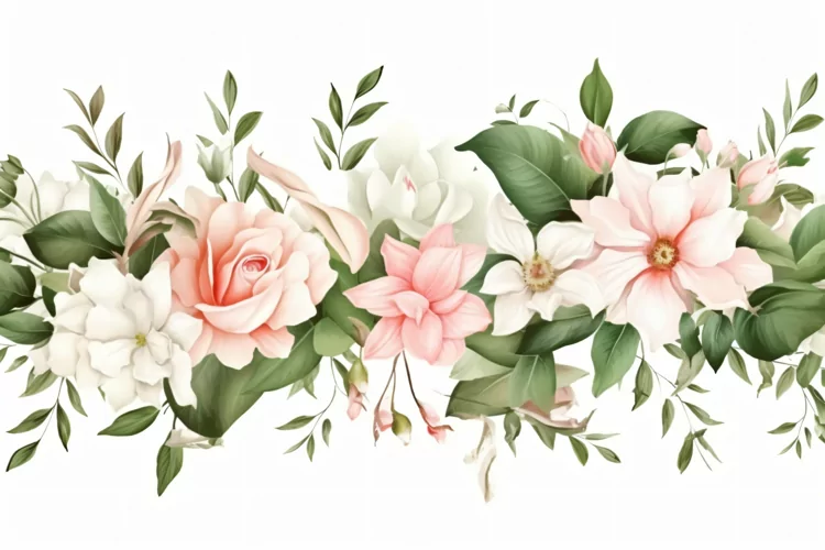 Watercolor Floral Background with Green Leaves on White BG