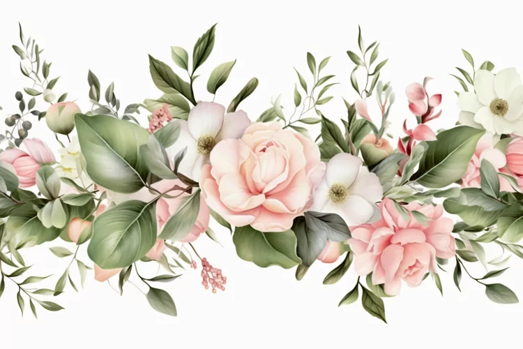 Watercolor Floral Background with Green Leaves on White BG