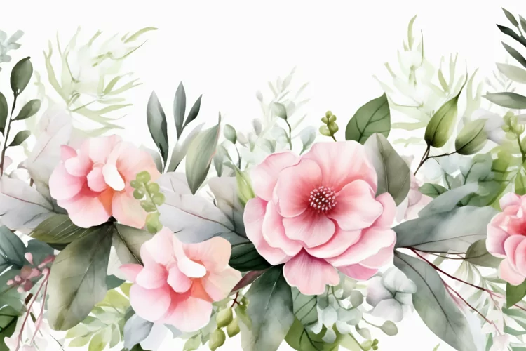 Watercolor Floral Background with Green Leaves on White BG