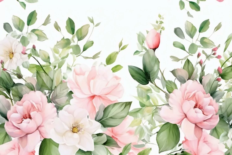 Watercolor Floral Background with Green Leaves on White BG