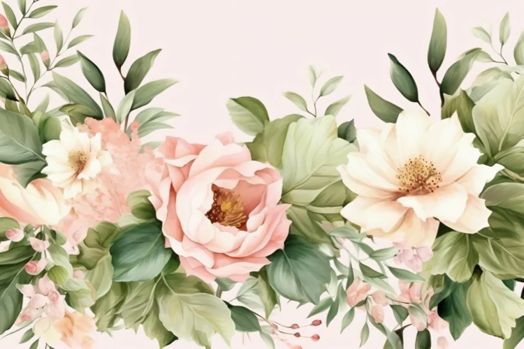 Watercolor Floral Background with Green Leaves on Pink BG