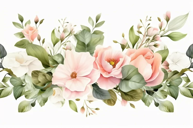 Watercolor Floral Background with Green Leaves on White BG