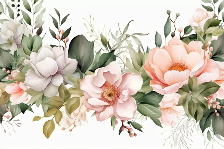 Watercolor Floral Background with Green Leaves on White BG