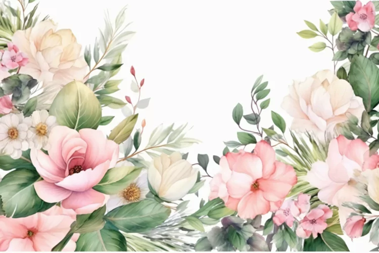 Watercolor Floral Background with Green Leaves on White BG