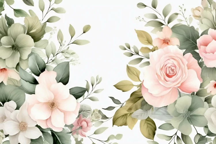 Watercolor Floral Background with Green Leaves on White BG