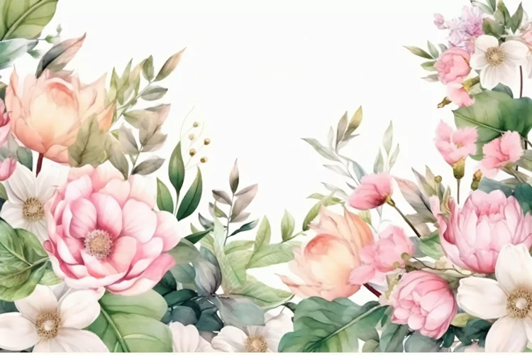 Watercolor Floral Background with Green Leaves on White BG