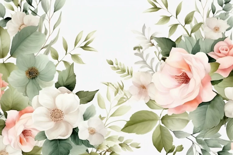 Watercolor Floral Background with Green Leaves on White BG