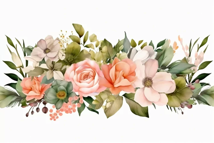Watercolor Floral Background with Green Leaves on White BG