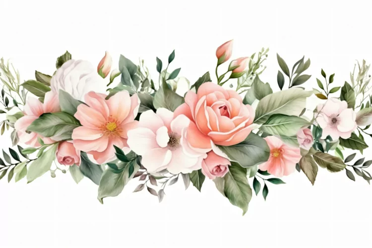 Watercolor Floral Background with Green Leaves on White BG