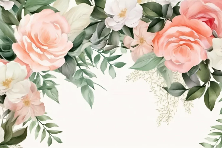 Watercolor Floral Background with Green Leaves on White BG