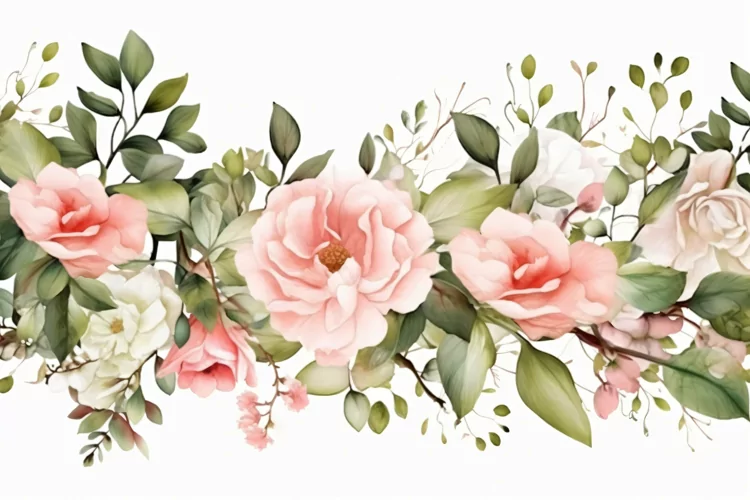 Watercolor Floral Background with Green Leaves on White BG