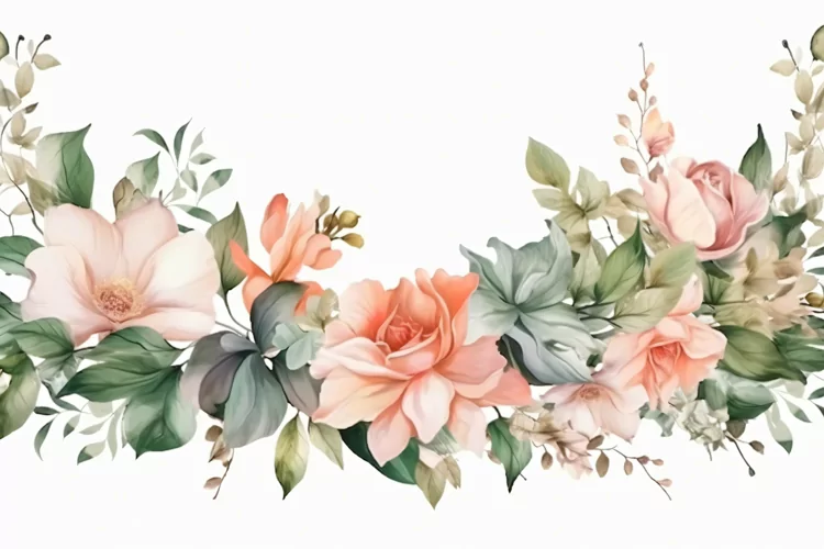 Watercolor Floral Background with Green Leaves on White BG