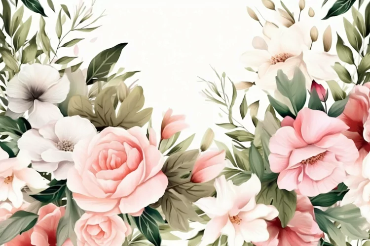 Watercolor Floral Background with Green Leaves on White BG