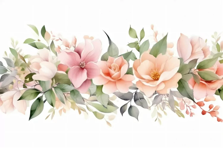 Watercolor Floral Background with Green Leaves on White BG