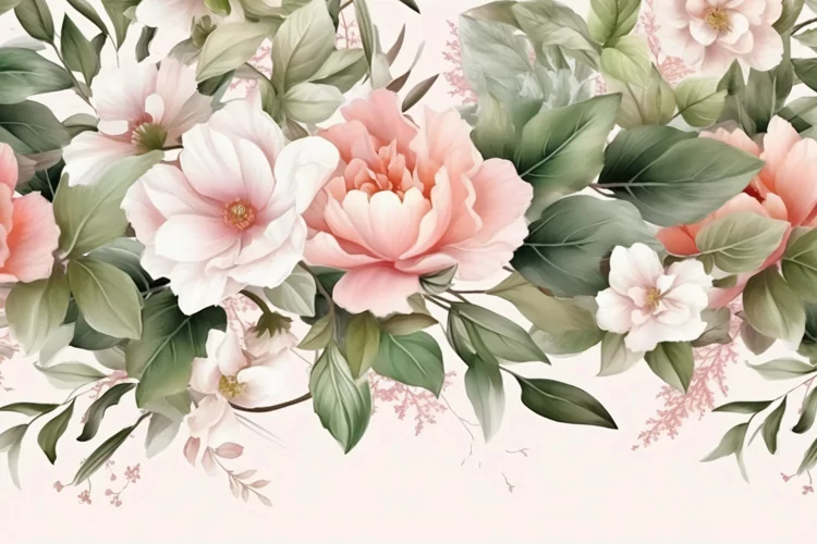 Watercolor Floral Background with Green Leaves on Pink BG