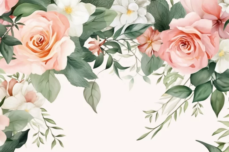 Watercolor Floral Background with Green Leaves on Pink BG