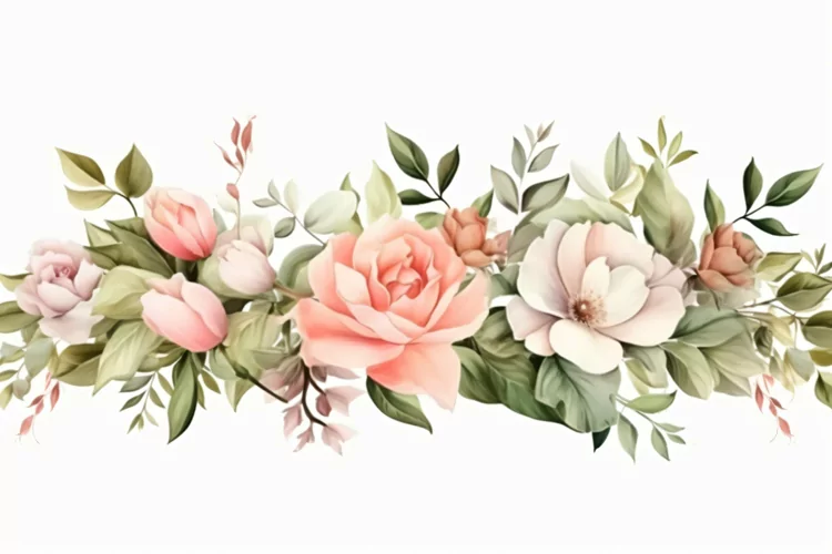 Watercolor Floral Background with Green Leaves on White BG