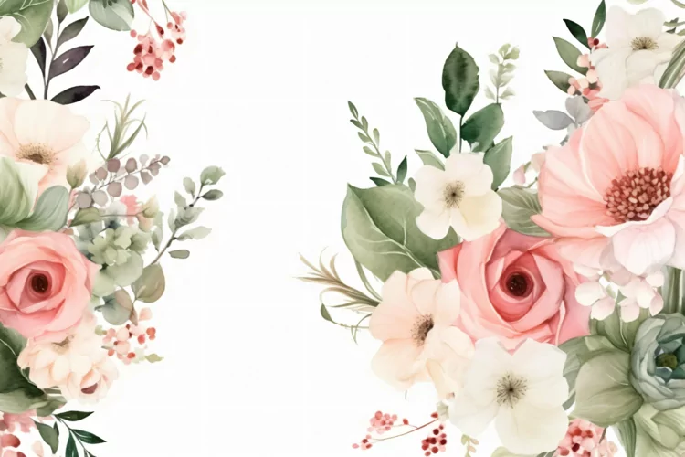 Watercolor Floral Background with Green Leaves on White BG