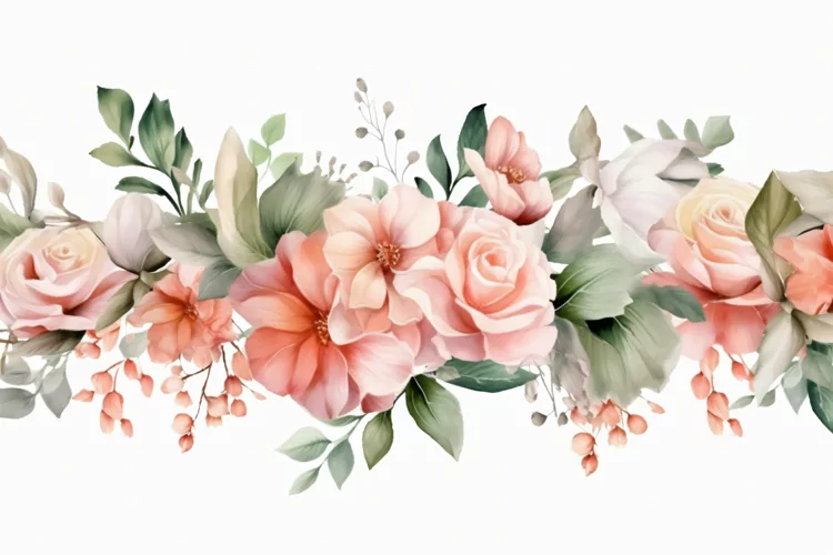 Watercolor Floral Background with Green Leaves on White BG
