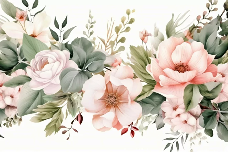 Watercolor Floral Background with Green Leaves on White BG