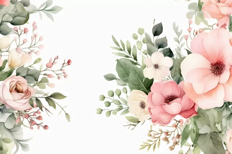Watercolor Floral Background with Green Leaves on White BG