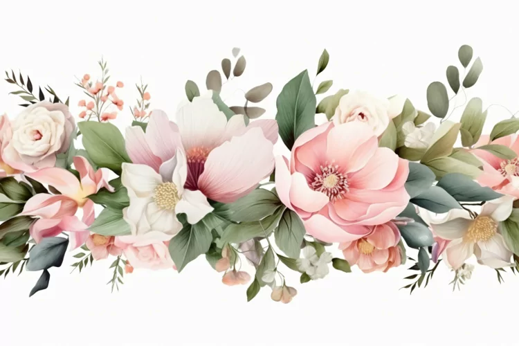 Watercolor Floral Background with Green Leaves on White BG