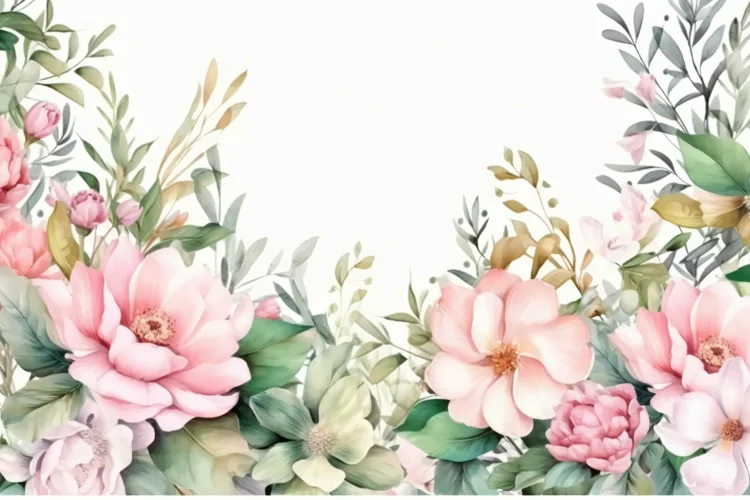 Watercolor Floral Background with Green Leaves on White BG